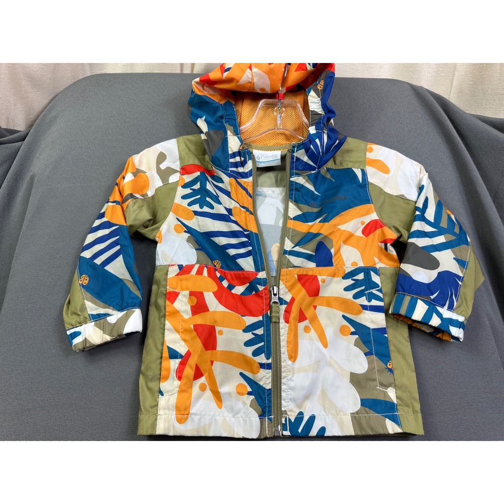 Columbia Kid Multi-Color Abstract Print Hooded Windbreaker Jacket Olive Green 2T